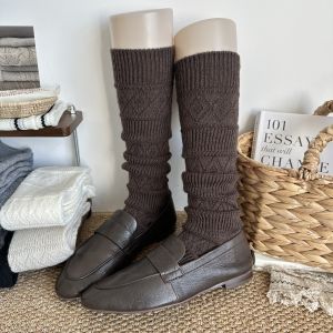 Tất Ống Dài Đến Bắp Chân Dày Dặn Ấm Áp Dệt Kim Họa Tiết Kim Cương Màu Xám Phong Cách Nhật Bản Dành Cho Nữ