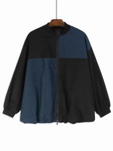 XITAO Contrast Color Patchwork Zipper Pocket Jackets O-neck Long Sleeve Loose All Match Casual Slimming Coat Autumn LJ1057