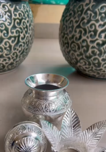 READY STOCK GERMAN SILVER POOJA KALASH WITH COCONUT MANGO LEAVES
