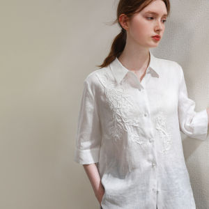 Miccbeirn | Pure Linen Embroidered Casual Shirt Elegant Commute Style Womens Top Fashionable Simple Versatile Seven Sleeve Polo Collar