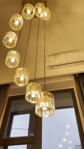 (COD)Pendant Light LED Crystal High Ceiling Tri Color Chandelier Modern Luxury Creative Stair High Rotating Long Pendant Lamp for Dining Bedroom Living Room Stair Long Drop