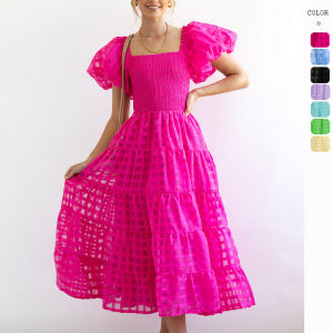 Off-Shoulder Ruffle Maxi Dress Bubble Sleeve Gown European Style Short Sleeve Zipper Closure Other Material 100% Womens Dress