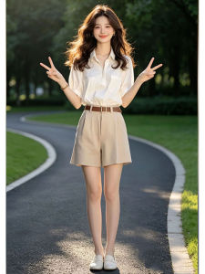 Shalldoer | Trendy Youthful Elegant Womens Summer Outfit Short Sleeve Shirt and Shorts Set