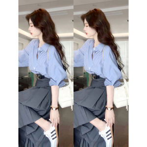 Áo Sơ Mi Kẻ Sọc Xanh Thời Trang Nữ Tay Dài Mùa Xuân Thanh Lịch Áo Lót Áo Chui Đầu Cổ Polo Dáng Rộng Thường Ngày