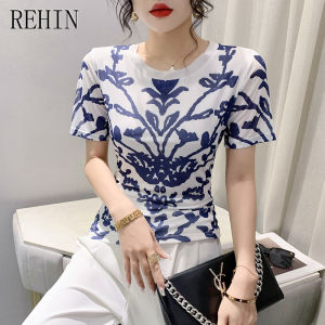 REHIN เสื้อยืดผู้หญิงแขนสั้นผ้าตาข่ายฤดูร้อนแฟชั่นคอกลมสุดสร้างสรรค์ไม่เหมือนใครทันสมัย S-3XL เข้ารูปพอดี