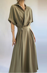 ชุดเดรสยาวรัดเอวสไตล์เกาหลีสำหรับผู้หญิงไซส์ใหญ่ ทรงหลวม สไตล์ลำลอง กระดุมคอโปโล แขนสั้น ฤดูร้อน 2022