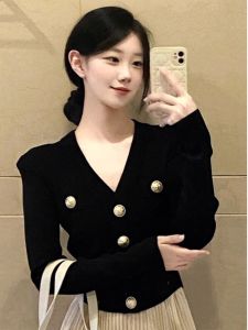 Áo Len Cardigan Dệt Kim Cổ Chữ V Màu Đen Kiểu Pháp Cho Nữ Xuân Thu Áo Khoác Ngoài Bằng Lông Cừu Thường Ngày Dài Tay Màu Trơn