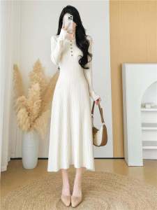 Retro Korean V-neck Knitted Long Dress Womens Autumn Winter Midi Slimming Skirt High Waist Long Sleeve A-line Commute Style