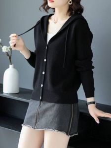 Womens Knitted Long Sleeved Knitted Sweater New Hooded Cardigan Solid Color Jacket Simple and Fashionable Versatile Top