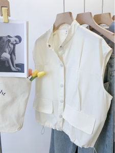Summer Womens Clothing Retro American Workwear Vest Coat Womens Casual Sports Drawstring Vest Waistcoat Jacket Vest Fashion