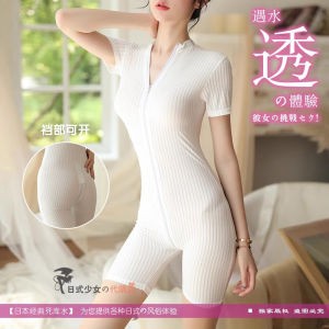 Slimming Thin Short Sleeve One Piece Swimsuit Womens Ice Silk Stripe Dual Zipper Tight Fit Transparent Black White Body Suit