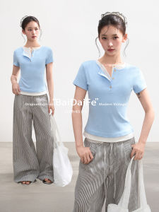 BAIDAIFEI | Henley Neck Short Sleeve Illusion Layered T-shirt Blue