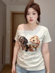 plus Size Womens Korean Cartoon Print One Shoulder Short Sleeve T-Shirt Summer Slimming Versatile Waist Cinched Top