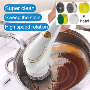 5 in 1 Rechargeable Electric Cleaning Brush Electric Spin Scrub Powerful Handheld Cordless Bathroom Floor Wash Brush for Kitchen sinks lavatory Dishwashing Brush Bathtub