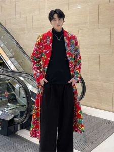 Trendy Chinese Style Mens Overcoat Knee-Length Floral Print Fashion Show Outerwear Autumn Winter Polyester Fiber Slim Fit