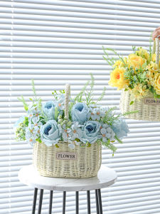 Rose Artificial Flowers Basket Living Room Decorative Tabletop Ornament Dining Table Flower Arrangement Green Plant Vase