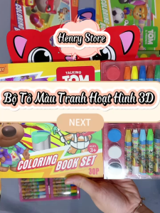 (Hàng loại 1) Bộ tô màu tranh hoạt hình 3D cao cấp kèm 6 màu nước 12 màu sáp