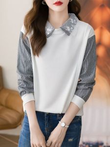 Korean-Style Loose Fit Two-Piece Casual Tops for Women POLO Collar Cotton Blend Sweater Long Sleeves Autumn Season