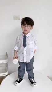 Set sơ mi tay dài kèm cà vạt bộ quần áo sơ mi dài tay ô tô cho bé trai 1 đến 7 tuổi BERNIE 0524B29