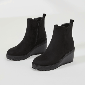Desai Womens Comfortable Wedge Boots Faux Suede Platform Ankle Boots Lug Sole Chelsea Side Zipper Fur Lined Fall Winter