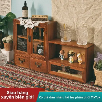 NREK | Tủ Hiển Thị Gỗ Nguyên Khối Phong Cách Retro Có Ngăn Kéo