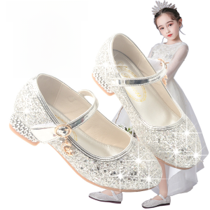 Princess Style High Heels Childrens Performance Shoes Soft Bottom Silver Color Girls Footwear Spring Autumn Seasonal Wear