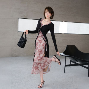 Elegant Rose Printed Ruffled Layered Dress