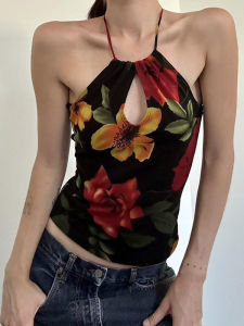 Womens Slim Fit Backless Neck Hanging Vest Printed Sweet Style Regular Length Summer Fashionable Casual Wear from China