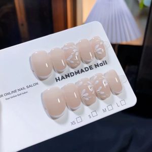 Handmade Short French Style Nail Art Pure White And Nude Color Hand-Painted Flower Simple High-End White Enhancing Nail Tips