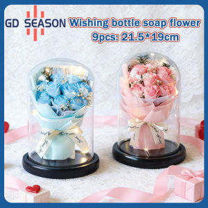 9PCS Eternal Rose With Led Light in Glass Dome Artificial Rose Flower Gifts for Valentine’s Day
