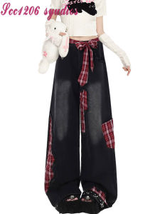 American Retro Plaid Splicing Butterfly Knot Tie Waist Jeans Women High Street Design Loose Straight Leg Wide Leg Long Pants