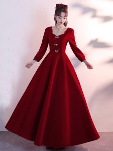Red Wine Color Wedding Dress Long Evening Gown for Bride Engagement Party Polyester Fabric Elegant Style mid Waist Long Sleeve