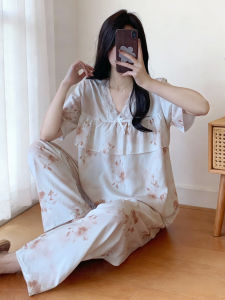 KASIHAN | Young Adult Cotton Silky Thin Summer Short Sleeve Long Pants Loose Fit Anti-See-through Ruffle Home Suit