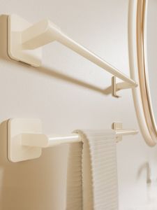 Strong Wall-Mounted Bathroom Towel Rack Single Rod Towel Holder Cream Style Storage Shelf No-Drilling Required Bath Organizer