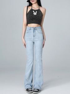 Light Wash High Waist Bell Bottom Jeans Womens Style Summer Cotton Stretch Denim Anti-Wrinkle Form-Fitting Small Size Large