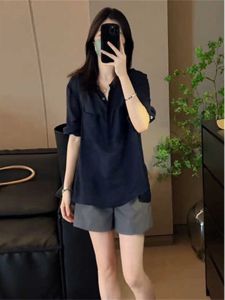 Bộ Đồ Hai Mảnh Dáng Rộng Dài Tay Mùa Hè Cho Nữ Bộ Đồ Hai Mảnh Quần Short Màu Xám Tay Dài Cổ Polo Polyester