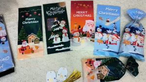 🌻🌻แพ็ค 100 ใบ🌻🌻 ถุง ถุงพลาสติก+ลวดมัด ใส่ขนม คุกกี้ ลายซานต้า สโนว์ หิมะ สินค้าพร้อมส่ง