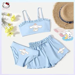AliCute 3Pcs Kids Swimsuit Bikini: Kawaii Sanrio Anime Kuromi Cinnamoroll Girl Cartoon Vest Underpants Shorts Beach Clothes