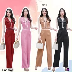 TW17571 Jumpsuit จั้มสูทแขนกุดขายาว แต่งลูกไม้ขาว