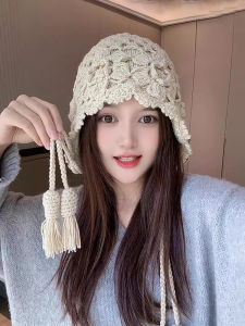 Autumn Winter Womens Knitted Tassel Flower Cap Double Layered Head Wrap High Top Casual Style Fashion Trend Hat Wheat Spike