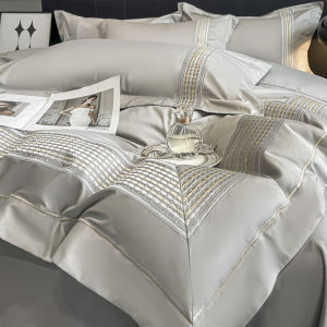 Luxurious Pure Cotton Embroidered Bedding Set 4-Piece Queen Size Bed Sheet Cover Duvet Cover Pillowcases High Density Thread