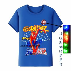 Light-Up Spiderman Kids T-Shirt Boys Summer Glowing Short Sleeve Cartoon Anime round Neck Cotton Pure Korean Style Top
