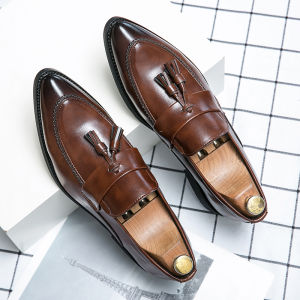 Mens Casual Pointed Toe Leather Shoes Slip-On Driving Loafers British Style Tassel Leisure Fashion Single Shoes Breathable