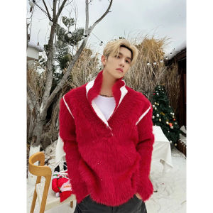 เสื้อสเวตเตอร์คอวีสีแดงสำหรับผู้ชาย เสื้อคลุมกันหนาวแบบสวมหัว ทรงหลวม แขนยาว ปกติ โพลีเอสเตอร์ 100% เสื้อคลุมกันหนาวแบบลำลองสำหรับวัยรุ่น