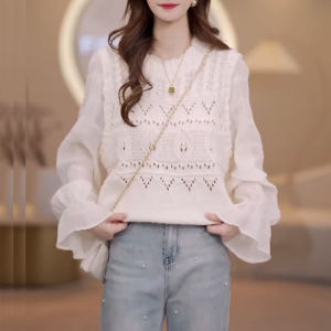 Shalldoer | French Faux Two-Piece Lace Hollow Out Long Sleeve Spliced Chiffon Knitwear