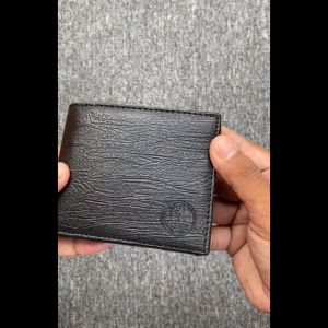 QXZ94 Dompet Pria Kombinasi Kulit Sintetis Serat Kayu Dan Kanvas Lipat Pendek Kartu Polos Hitam