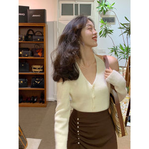 Early Autumn Knitted Sweater Womens Spring High Design Sense Small Crowd Neck Hanging Shoulder Long Sleeve Short Red Shirt