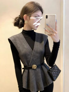 Waist Shaping V-Neck Knitted Vest Two-Piece Set Women Winter Outer Wear Layering