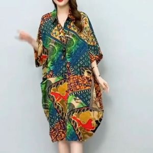 Plus Size Curve Casual Geometric Colorblock Dress Women Collared Button Down Shirt Dress L6021