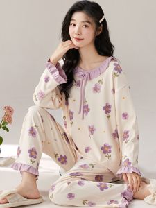 ฤดูใบไม้ผลิฤดูใบไม้ร่วงแขนยาวผ้าฝ้ายชุดนอนผู้หญิงสไตล์เจ้าหญิงหวานเสื้อผ้าชุดสบายๆสบายๆถักผ้า